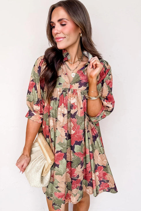 Floral Ruffled Collar Split V Neck Puff Sleeve Babydoll Mini Dress